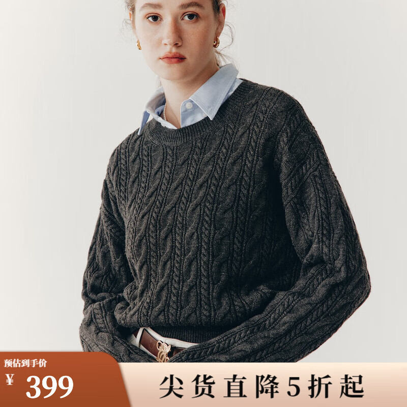 ELAND衣恋毛衣秋冬女羊毛混纺学院风格雷系绞花宽松时尚上衣 煤灰色(60)Charcoal S/160