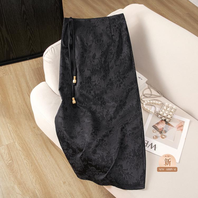 【新中式复古提花中长裙】2024秋装新女士高腰显瘦开叉半身裙