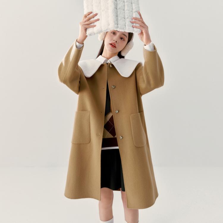 【100%绵羊毛】乐町娃娃领后背系蝴蝶结大衣秋冬甜美毛呢外套