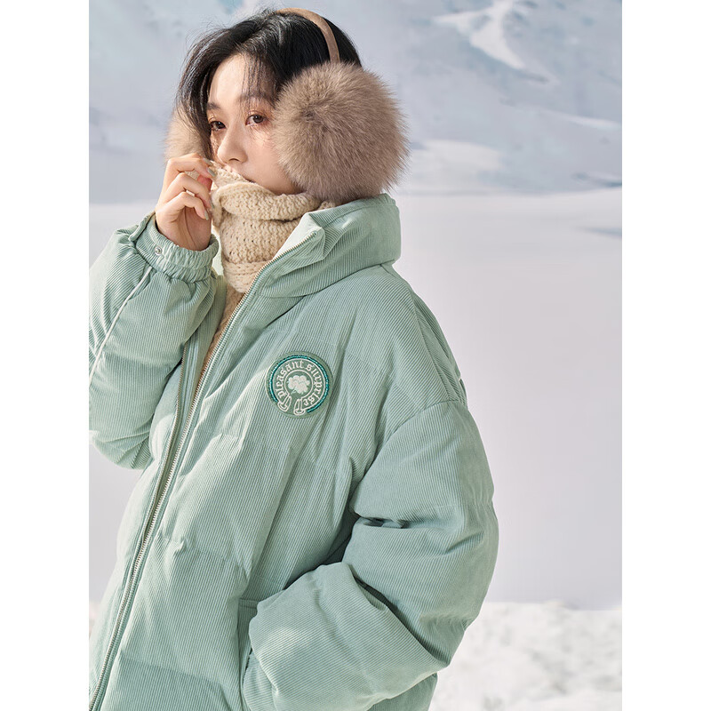 茵曼冬女装休闲立领落肩前胸绣花宽松鸭绒九江羽绒服 浅灰绿 S