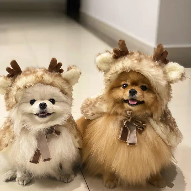 喵仙儿圣诞宠物服饰麋鹿斗篷披风保暖狗狗猫咪新年衣服变身装帽子饰品 棕色圆点麋鹿披风 S (适合3-5斤宠物)