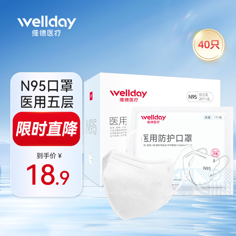 维德（WELLDAY）N95折叠式医用口罩20只/盒 独立包装无菌级防雾霾花粉PM2.5粉尘 【医用N95五层防护】40只