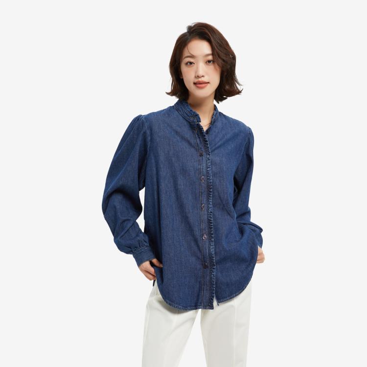 Tommy Hilfiger 女装复古潮流刺绣荷叶领灯笼泡泡袖牛仔衬衫36372