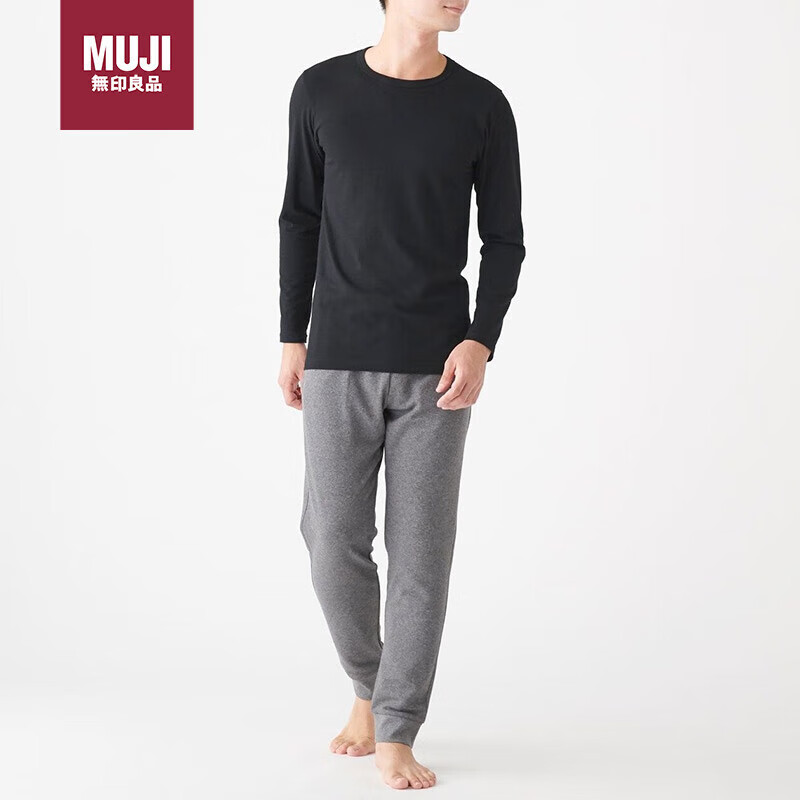 无印良品（MUJI）男式 使用了棉的冬季内衣 v领打底衫 黑色 男式M