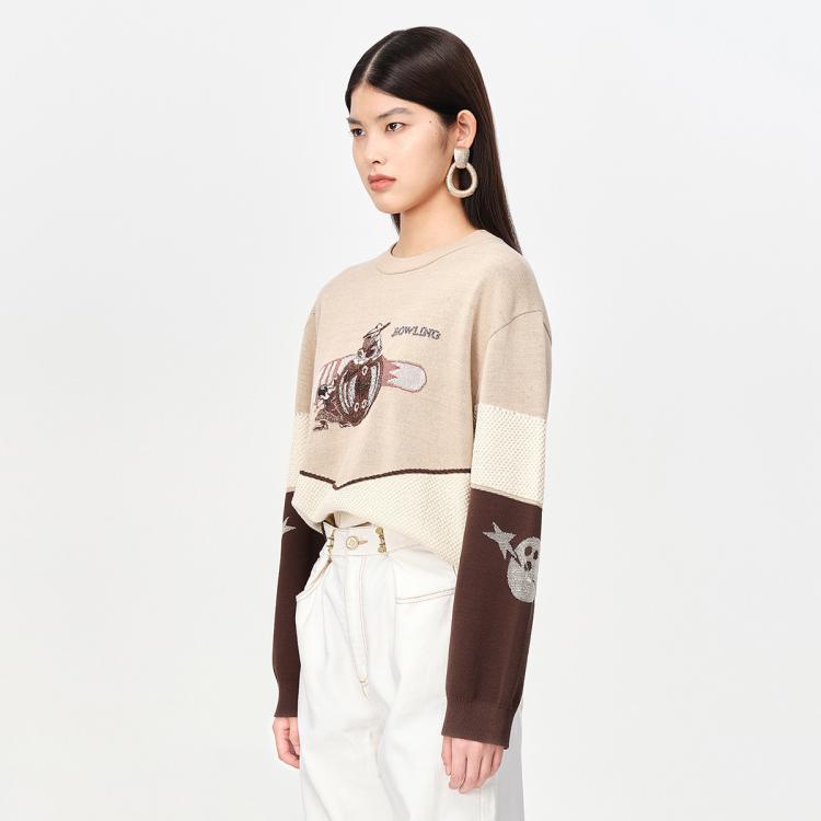 地素春秋季通勤美式复古撞色提花刺绣休闲针织衫毛衣(尺码偏大)