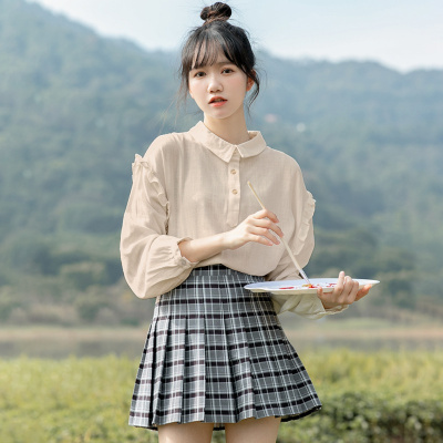 唐狮 TONLION春季长袖衬衣女式衬衫女士泡泡袖上衣百搭木耳边