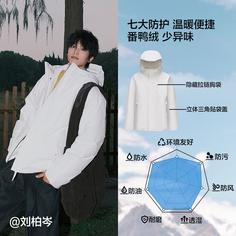 张新成森马羽绒服男2024冬三防工装连帽外套冬装防寒服加厚黑 雪山白（番鸭绒）10809 160/80A/XS