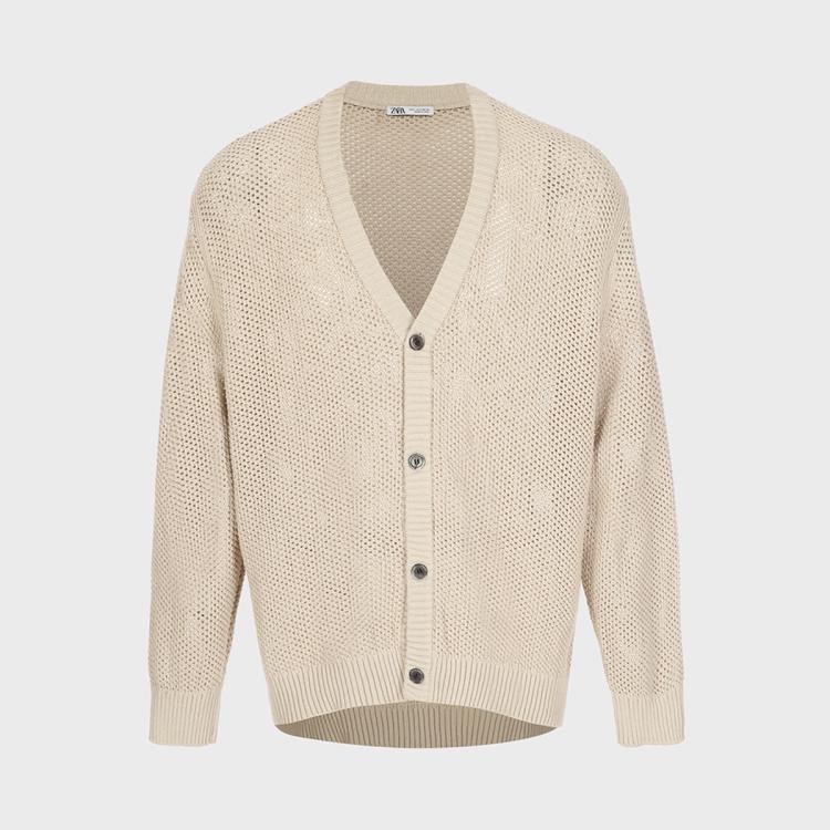 【100%纯棉】男式V领纯色网格潮流针织开衫