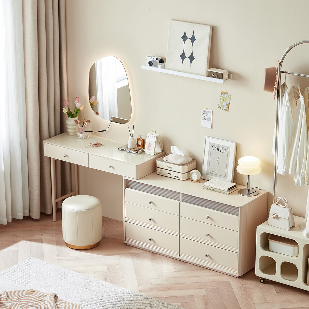 林氏家居卧室简约奶油风梳妆台斗柜一体收纳化妆桌化妆镜