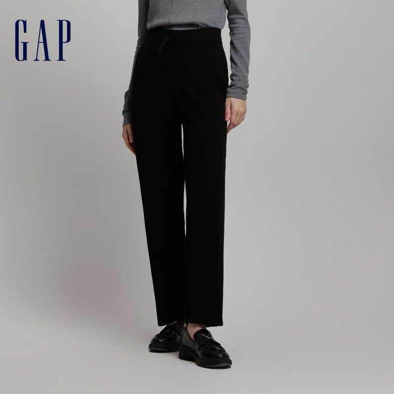 Gap女装秋季款纯色双面针织直筒裤长裤883689时尚运动休闲裤子 黑色 170/80A(L)