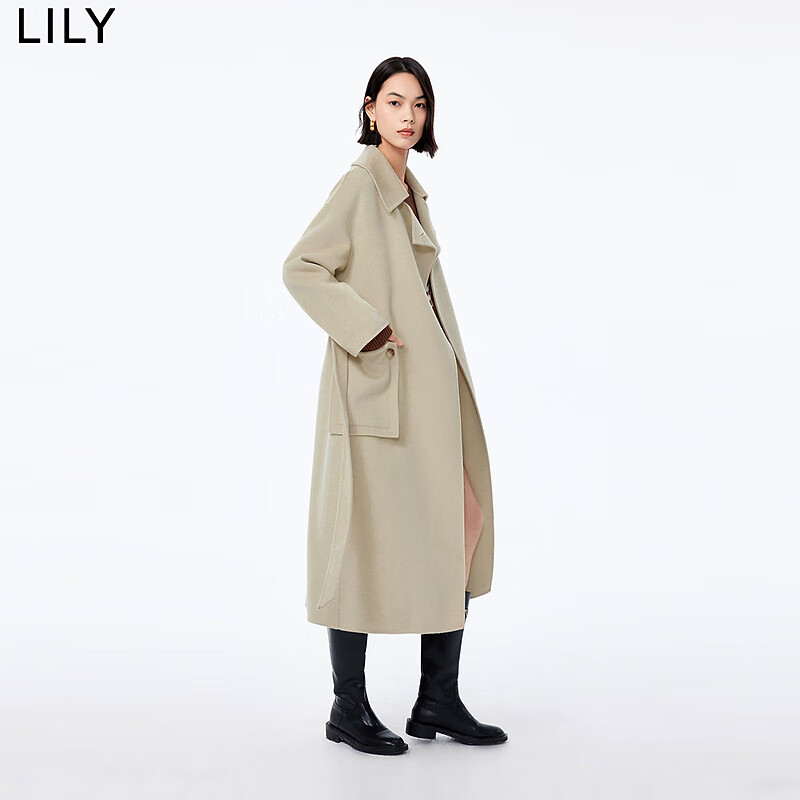 LILY冬新款女装全绵羊毛时尚通勤复古气质长款毛呢外套大衣女XJ 301