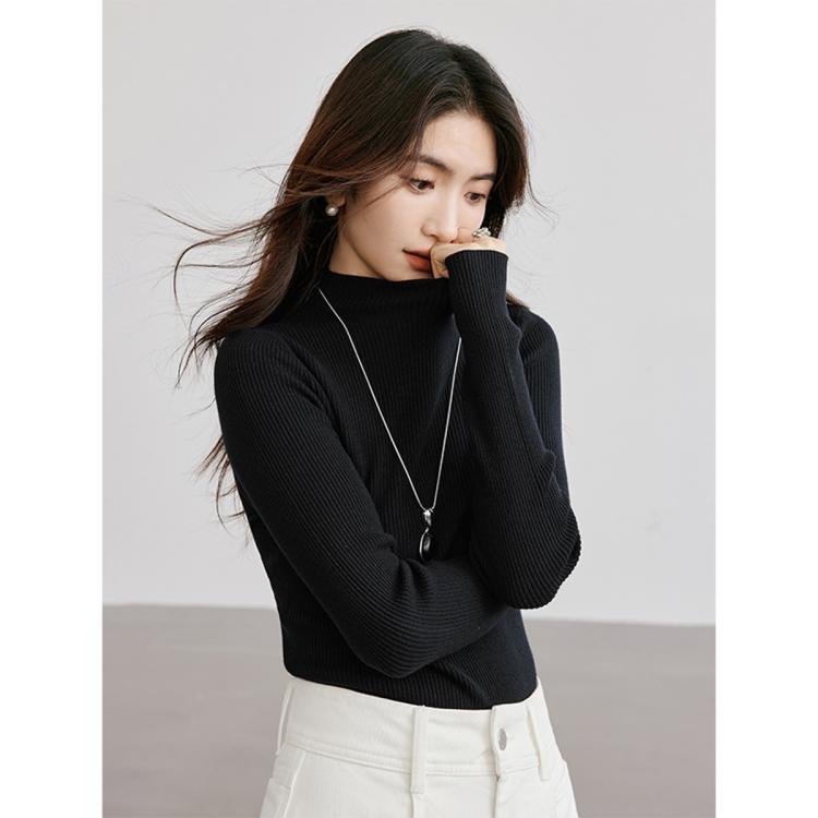 2024秋季女装格雷系日常肌理感正肩半高领套头针织衫