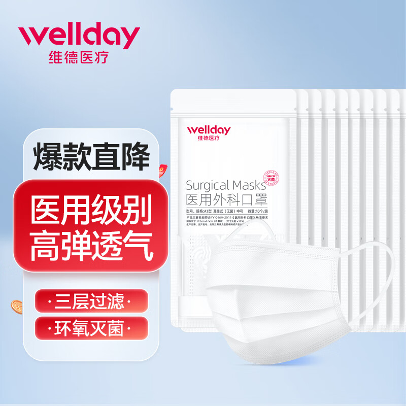 维德（WELLDAY）一次性医用外科口罩挂耳式三层无菌级防细菌防飞沫轻薄透气医用防护 白色医用外科灭菌 100只【每10只1袋】