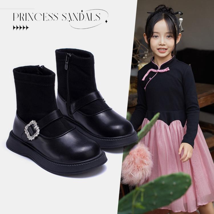 小香风短筒袜靴24年秋冬女童保暖加绒小皮靴公主皮靴棉靴