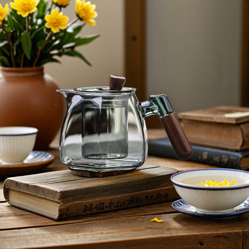 朗特乐玻璃泡茶壶家用耐高温木把煮茶壶茶水分离花茶过滤茶具办公室泡茶 烟灰款六棱壶 600ml