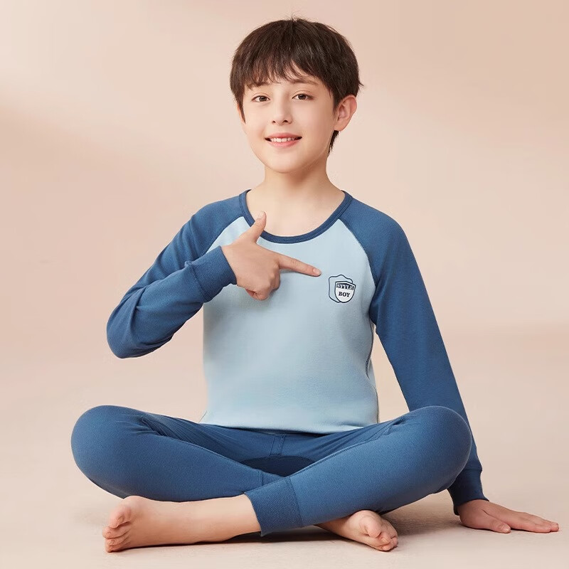 猫人 MIIOW儿童秋衣秋裤女大童保暖内衣套装纯棉全棉男童睡衣青少年秋冬 蓝色插肩袖 140cm