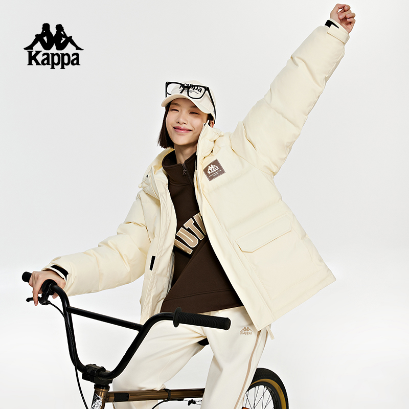 Kappa卡帕学院风羽绒男女冬短款连帽户外面包服防寒服