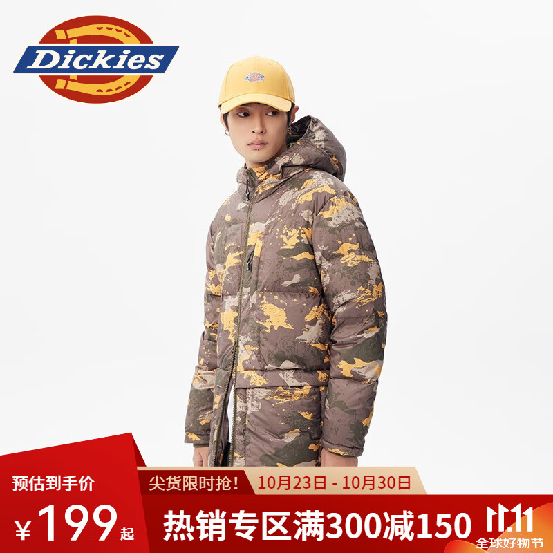 dickies 羽绒服 男女连帽休闲保暖厚夹克10922 军绿色迷彩满身印 L 充绒量:300g