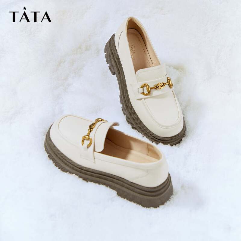 他她(TATA)厚底英伦乐福鞋女一脚蹬磨砂小皮鞋单鞋2024春新DWDC1AA4