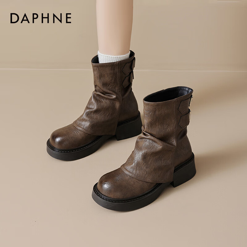 达芙妮（DAPHNE）美拉德短靴女春秋单靴2024百搭厚底棕色裤管靴西部牛仔马丁靴 棕色 37