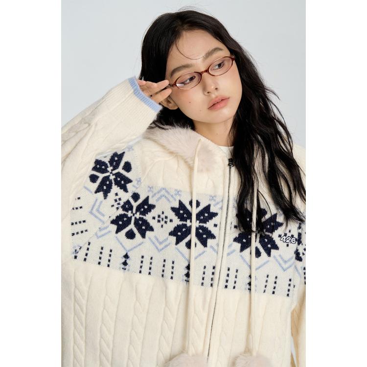 国潮牌美式嘻哈宽松休闲连帽毛领费尔岛毛衣