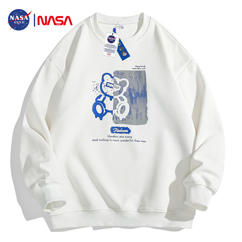 NASA GISS 潮牌联名卫衣男圆领长袖t恤男小熊套头宽松打底衫 白色 2XL 