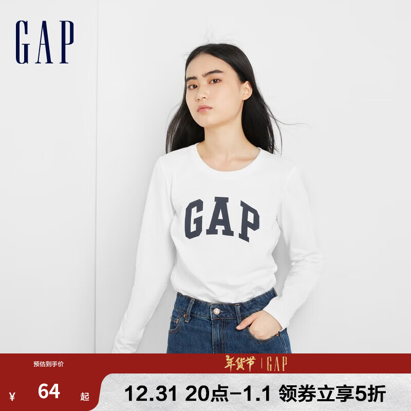 Gap女装秋季款LOGO轻薄纯棉长袖T恤755802运动休闲上衣 白色 165/84A(XS)