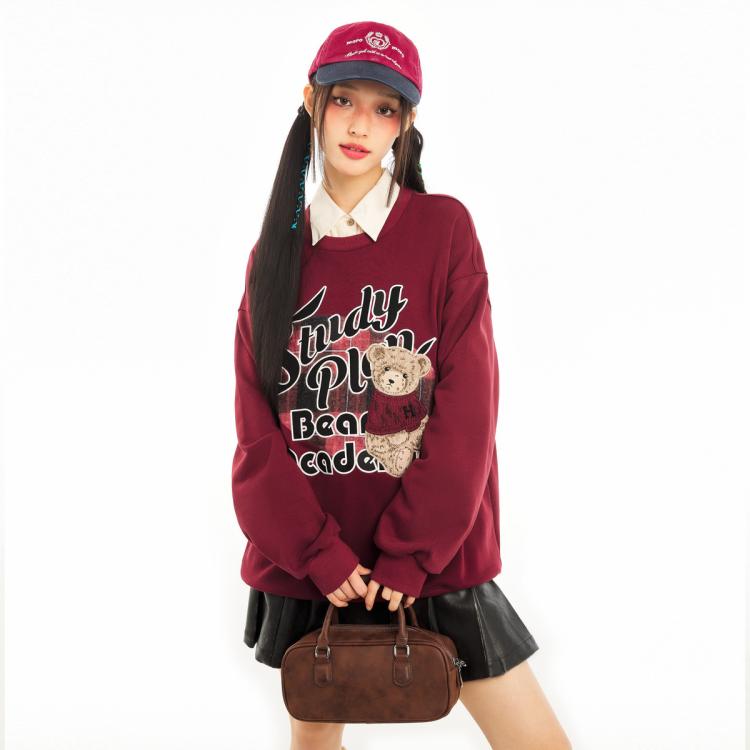 秋冬美式复古学院oversize长袖卫衣女