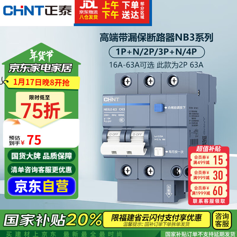 正泰（CHNT）断路器 空气开关带漏电保护开关 家用总闸空调2P 63A NB3LE-63