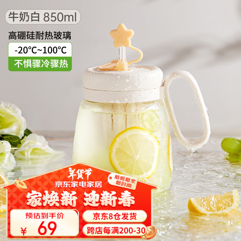 泰福高（TAFUCO）玻璃杯高硼硅玻璃吸管杯男女士咖啡杯带茶仓T8071牛奶白0.85L 【耐热玻璃】牛奶白0.85L