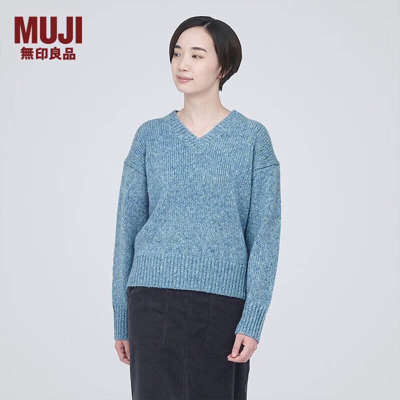 无印良品（MUJI） 女式 羊毛混纺 V领毛衣 长袖针织衫 女装 上衣 BA1O0A3A 浅蓝色 M （160/84A）