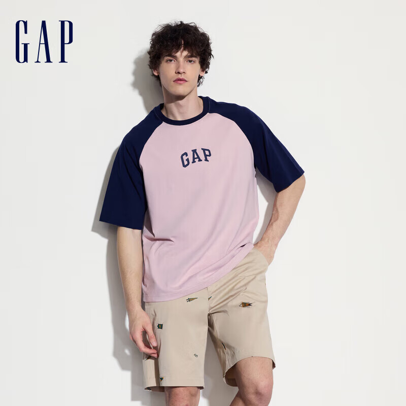 GAP男女装2024夏季LOGO棉质撞色插肩袖短袖T恤美式上衣544461 180/100A(XL)亚洲尺码 粉蓝撞色