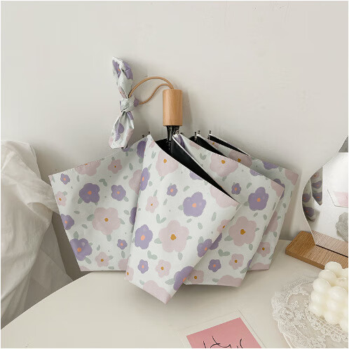 iChoice三折晴雨伞两用黑胶防晒太阳伞文艺清新紫花楹碎花雨伞自开收 紫花楹（手动款）