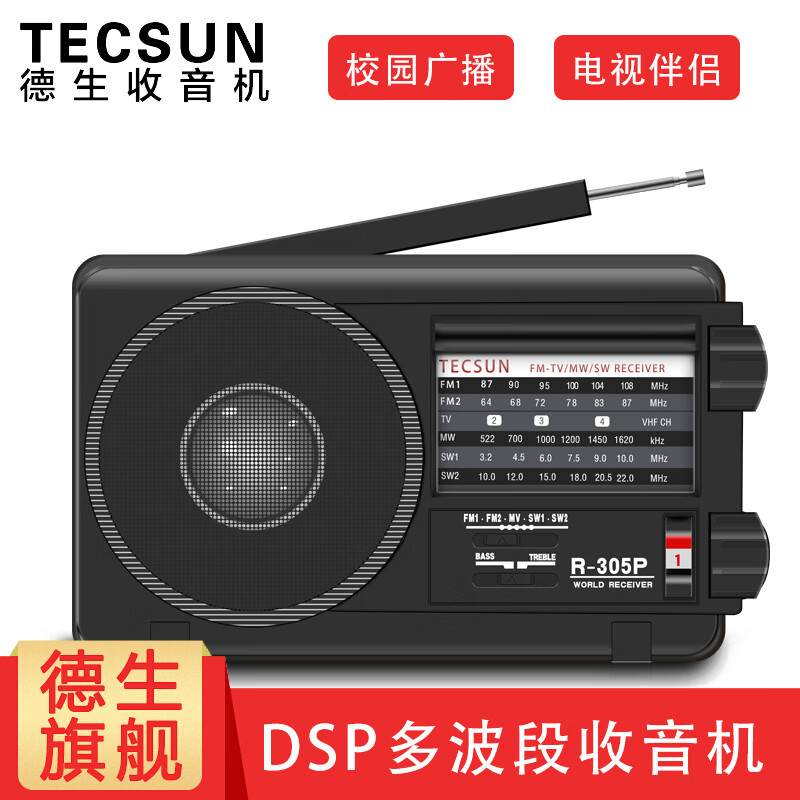 德生（Tecsun） R-305P便携式收音机老年人 全波段 高灵敏度指针电视伴音FM调频中波半导体 黑色标配