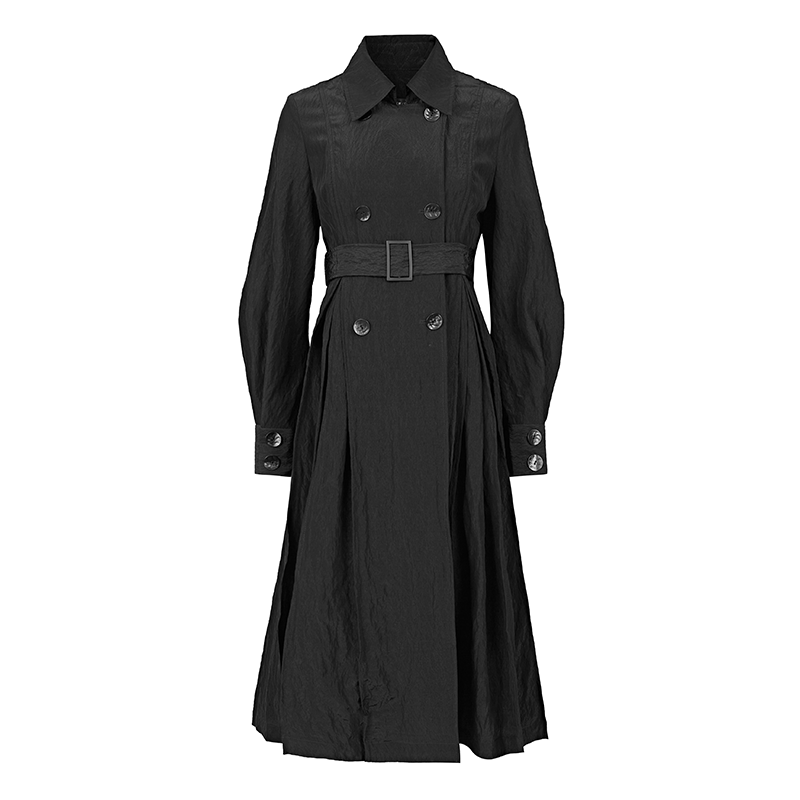 时尚翻领双排扣肌理收腰长款风衣