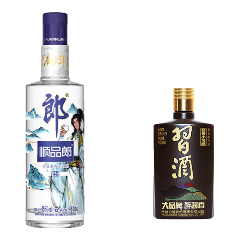 郎 顺品郎 蓝顺庆余年（联名款）45度 480ml 1瓶+酱香小习酒版 53度 100mL 1瓶 蓝顺小习酒组合套装