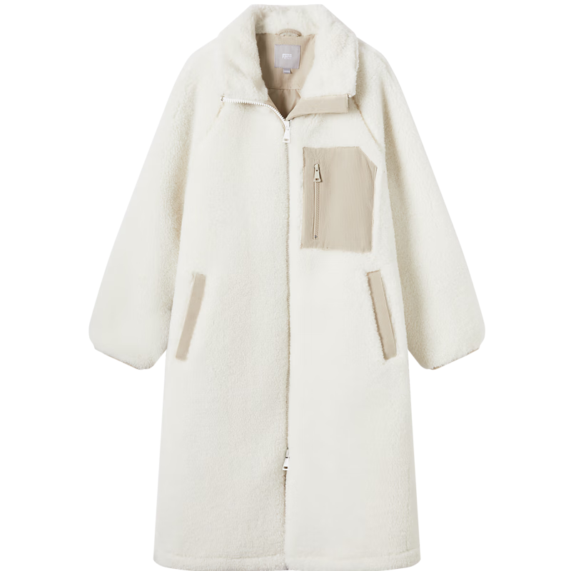 对白仿羊羔毛中长款毛绒大衣女2024冬新款设计感撞色保暖夹棉外套