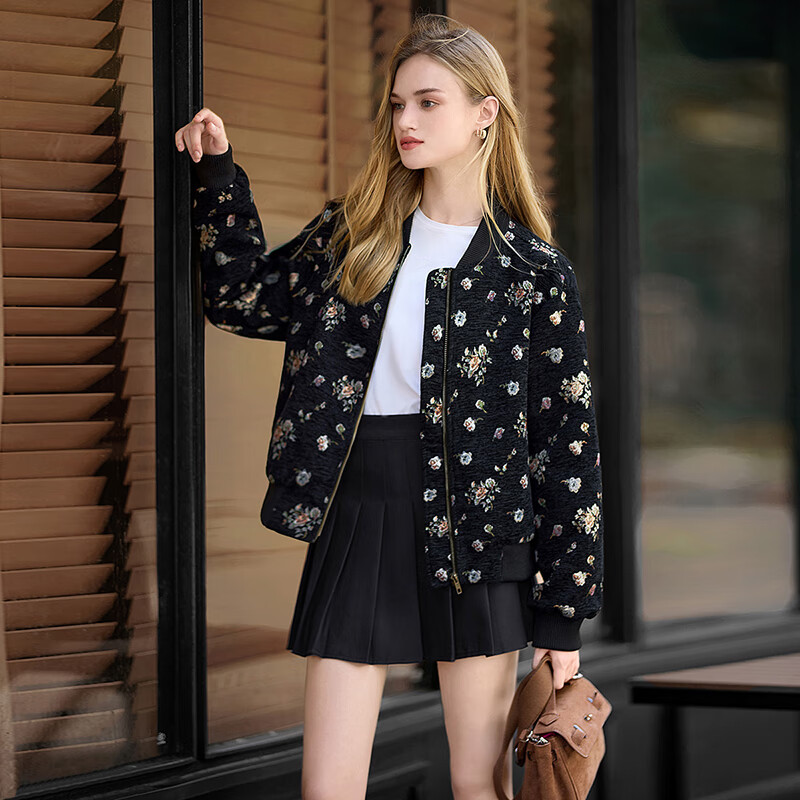 她池印花短外套2024秋季新款女装宽松款长袖拉链棒球服