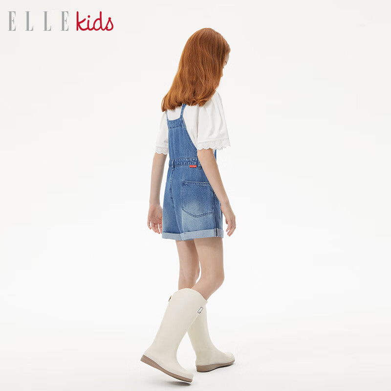 ELLE KIDS童装 莱赛尔软牛仔可调节爱心绣花背带短裤女童春夏 丹宁色 160 (S) 160/S