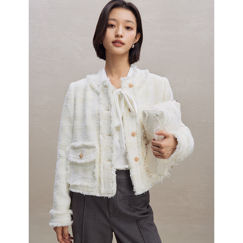 自巧（ZIQIAO）小个子白色法式毛边小香风外套女2023秋冬新款圆领气质上衣   (1码)