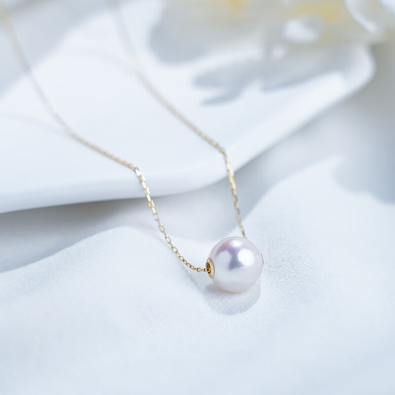 大溪地 18k金akoya海水珍珠项链正圆强光路路通锁骨链送女友 akoya-黄18K链