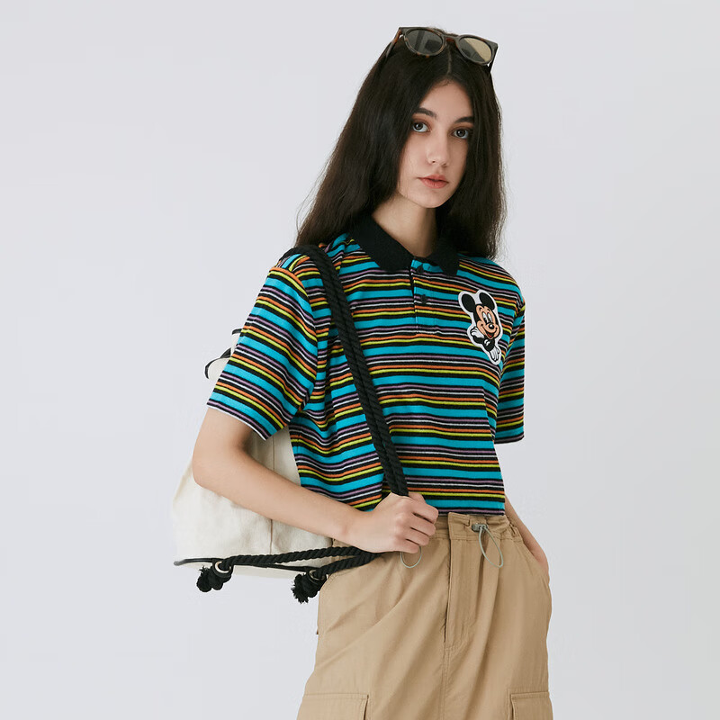 moussy【新复古回潮】 复古条纹设计米奇刺绣POLOT恤028GSY90-0110  00020/F