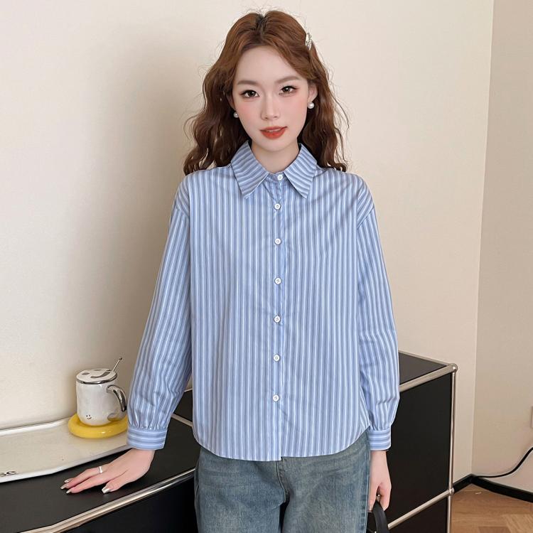 单排扣蓝白条纹通勤长袖衬衫女春季宽松翻领韩系简约百搭显瘦衬衫