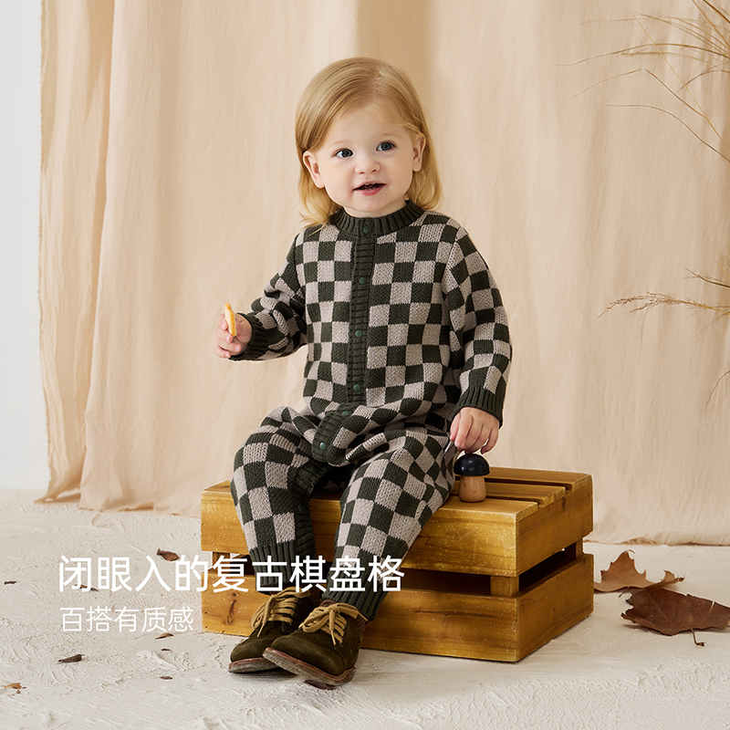 babylove婴儿连体衣秋冬款纯棉毛衣宝宝针织保暖哈衣爬服格物致知