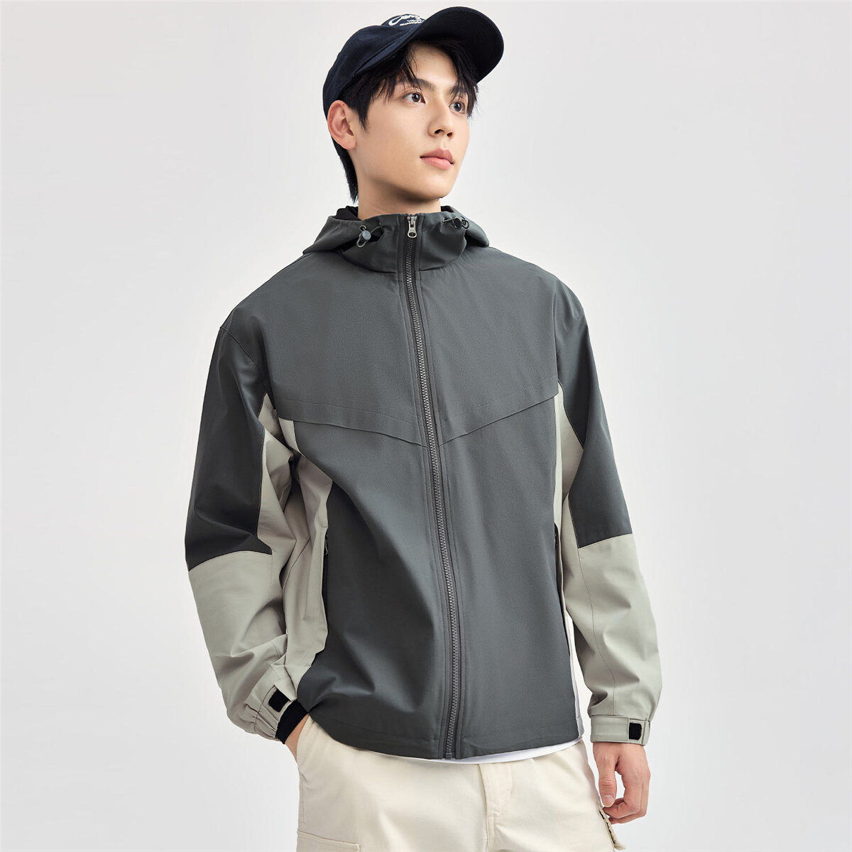 男女同款拼色分割连帽外套春季轻户外休闲梭织风衣外套