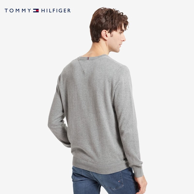 TOMMY HILFIGER【纯色V领】秋冬季男装纯棉商务休闲简约内搭打底衫针织衫毛衣 【小V领绣标毛衣】-灰色004 L （：150-165斤）