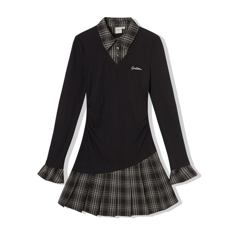 假两件修身连衣裙女2025春复古学院风异料拼接翻领百褶裙子