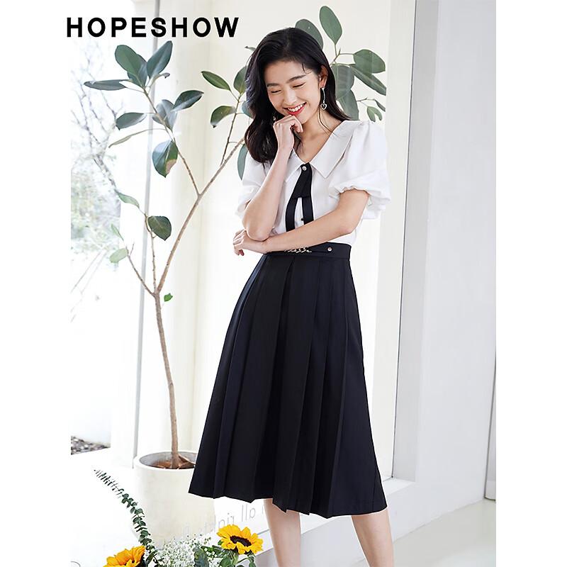 红袖奥莱春季新款女装金属链条A字压褶半身长裙