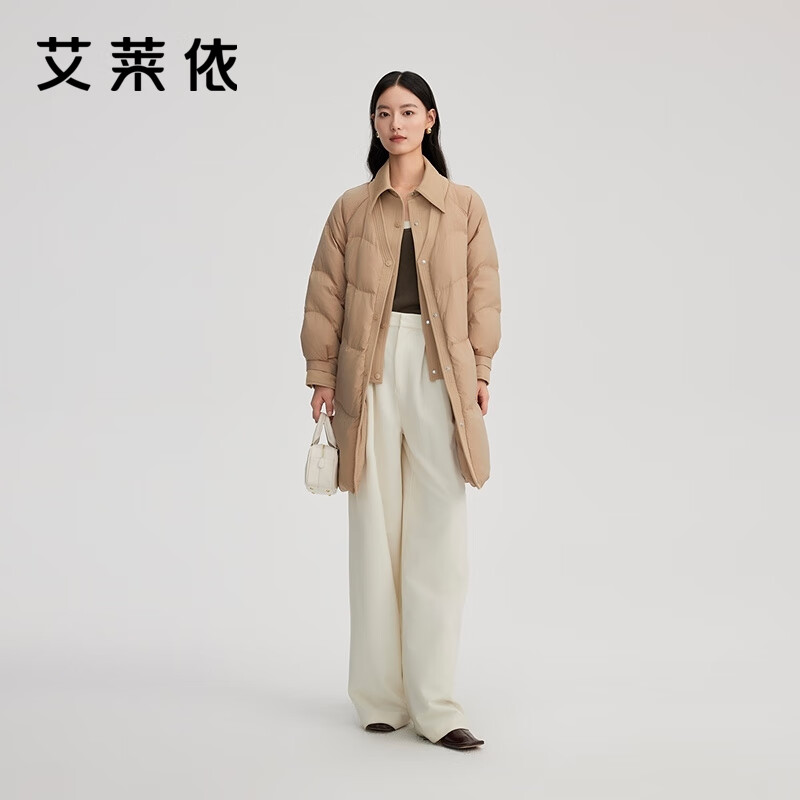 艾莱依（ERA）女士羽绒服假两件式长款羽绒服领部拼接衬衫领设计保暖鸭绒羽绒服   165【建议115-125斤】