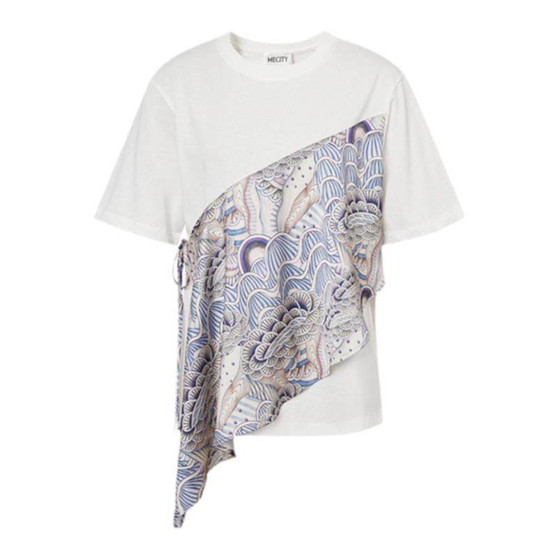 MECITY女士夏季手绘印花全棉拼接小众设计感T恤女518577